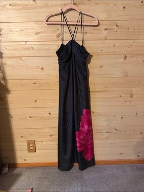 Express Black Maxi Slip Dress with Fuchsia Floral Detail Size Small
